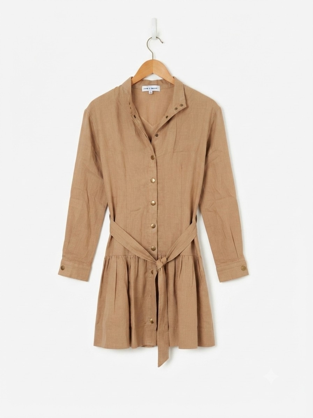 Karina Grimaldi Tan Linen Blend Button Down Belted Mini Shirt Dress XS